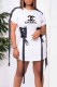 White Fashion Casual Print Bandage O Neck One Step Skirt Dresses