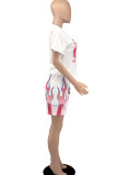 Red Casual Street Print Patchwork O Neck Short Sleeve Two Pieces