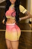 Colour Sexy Gradual Change Mesh O Neck Short Sleeve Two Pieces