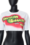 White Casual Print Patchwork O Neck T-Shirts