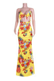 Yellow Sexy Print Hollowed Out Patchwork Spaghetti Strap Straight Dresses