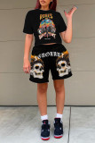 Red Casual Street Print Patchwork O Neck Short Sleeve Two Pieces