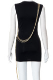 Black Sexy Solid Tassel Patchwork O Neck One Step Skirt Dresses