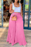 Pink Casual Solid Patchwork Fold High Waist Wide Leg Solid Color Bottoms