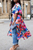 Blue Casual Print Patchwork Buckle V Neck Shirt Dress Dresses