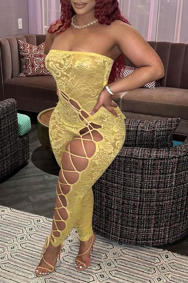 Yellow Sexy Solid Lace Strapless Plus Size