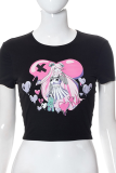 Black Sexy Print Patchwork O Neck T-Shirts