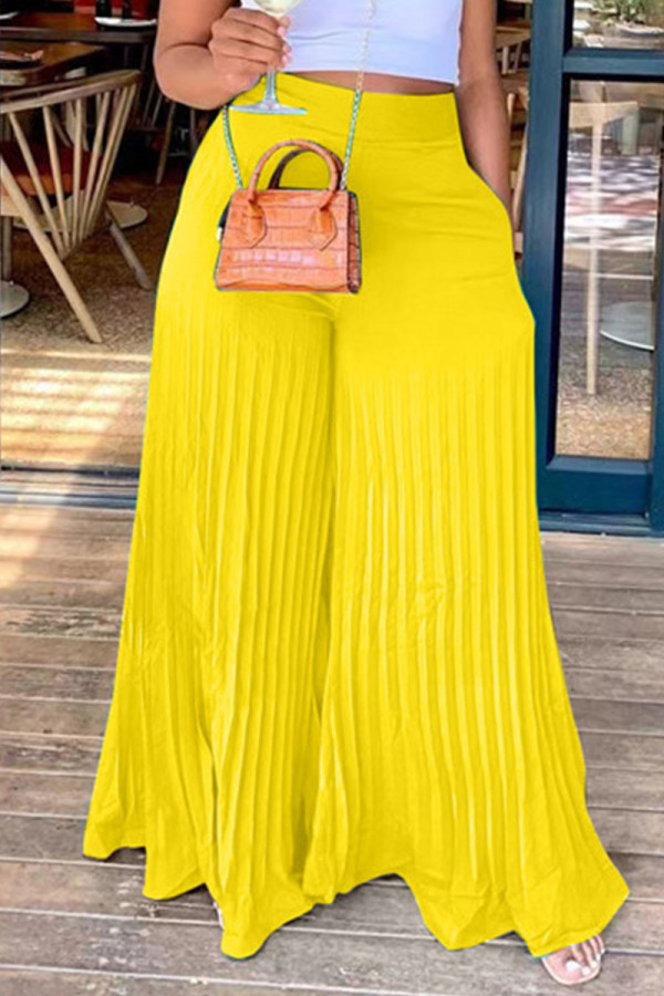 Yellow Casual Solid Patchwork Fold High Waist Wide Leg Solid Color Bottoms