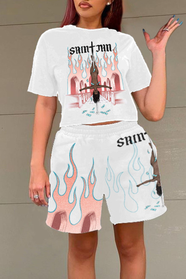 White Pink Casual Street Print Patchwork O Neck Short Sleeve Two Pieces