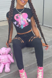 Black Sexy Print Patchwork O Neck T-Shirts