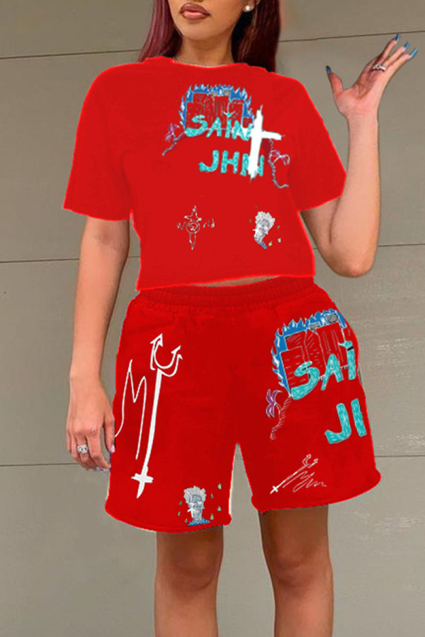 Red Casual Street Print Patchwork O Neck Short Sleeve Two Pieces