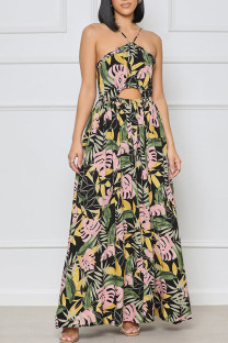 Green Sexy Print Hollowed Out Patchwork Backless Spaghetti Strap Straight Dresses