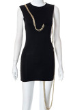 Black Sexy Solid Tassel Patchwork O Neck One Step Skirt Dresses