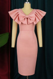 Pink Elegant Solid Patchwork Flounce Slit With Bow V Neck One Step Skirt Dresses
