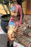Pink Brown Casual Street Print Patchwork O Neck Long Sleeve Two Pieces
