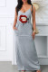 Grey Casual Print Patchwork Spaghetti Strap Long Dress Dresses
