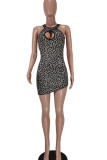 Black Sexy Print Leopard Hollowed Out O Neck Pencil Skirt Dresses
