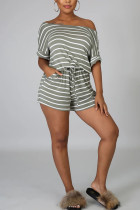 Olive green Fashion Active Striped Print Two Piece Suits Straight Short Sleeve Two Pieces