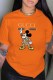 Orange Fashion Street Character Patchwork Letter O Neck T-Shirts