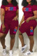 Burgundy Fashion Casual Letter Print Patchwork O Neck Short Sleeve Two Pieces