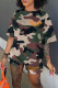Army Green Casual Print Camouflage Print Patchwork O Neck Short Sleeve Two Pieces