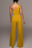 Rose Red Casual Solid Patchwork Oblique Collar Straight Jumpsuits