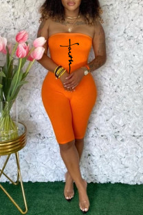 Orange Sexy Casual Print Backless Strapless Skinny Romper