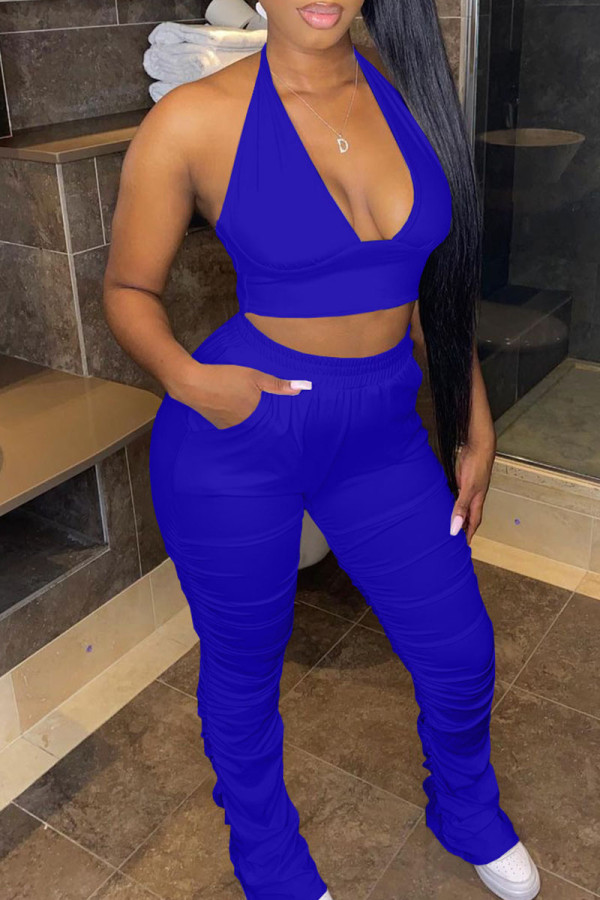 Blue Sexy Solid Patchwork Fold Halter Sleeveless Two Pieces