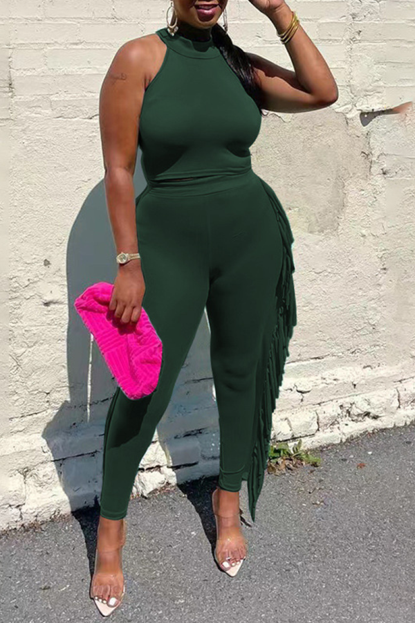 Army Green Fashion Solid Tassel Halter Sleeveless Two Pieces