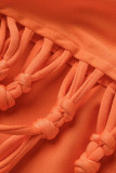 Tangerine Red Sexy Solid Tassel Bandage Hollowed Out Patchwork Regular Mid Waist Pencil Solid Color Bottoms