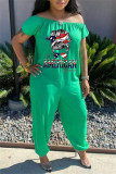 Green Fashion Casual Print Backless Off the Shoulder Regular Jumpsuits