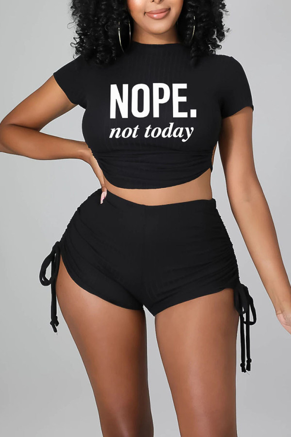 Black Sexy Print Bandage Patchwork Backless O Neck Short Sleeve Two Pieces