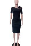 Blue Work Solid Patchwork With Bow O Neck One Step Skirt Dresses