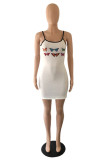 White Sexy Casual Butterfly Print Backless Spaghetti Strap Sleeveless Dress