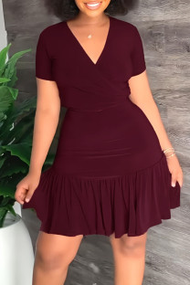 Burgundy Sexy Solid Bandage Patchwork Fold V Neck Short Sleeve Two Pieces