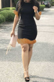White Fashion Casual Solid Patchwork Feathers O Neck Straight Dresses