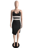 Red Fashion Sexy Solid Patchwork Backless Slit Spaghetti Strap Sleeveless Dress