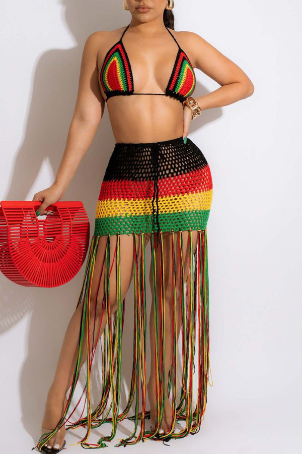 Colour Sexy Print Tassel Hollowed Out Patchwork Swimwears Cover Up