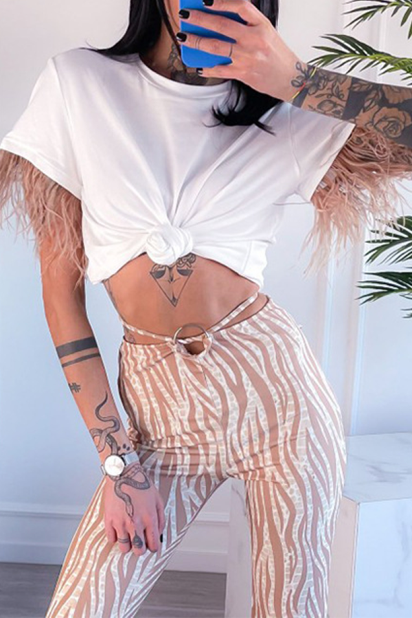 White Fashion Print Tassel O Neck T-Shirts