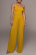 Yellow Casual Solid Patchwork Oblique Collar Straight Jumpsuits
