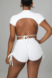 White Sexy Print Bandage Patchwork Backless O Neck Short Sleeve Two Pieces