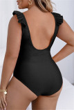 Black Fashion Sexy Print Solid Bandage Backless V Neck Plus Size Swimwear (With Paddings)