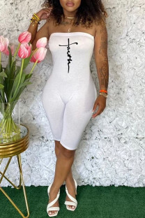 White Sexy Casual Print Backless Strapless Skinny Romper