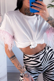 Rose Red Fashion Print Tassel O Neck T-Shirts
