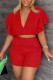 Tangerine Red Fashion Casual Solid Patchwork Flounce V Neck Short Sleeve Two Pieces