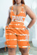 Orange Fashion Casual Letter Print Backless Spaghetti Strap Sleeveless Two Pieces
