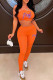 Tangerine Red Sexy Print Patchwork Halter Sleeveless Two Pieces