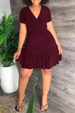 Burgundy Sexy Solid Bandage Patchwork Fold V Neck Short Sleeve Two Pieces