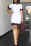 White Fashion Casual Solid Patchwork Feathers O Neck Straight Dresses