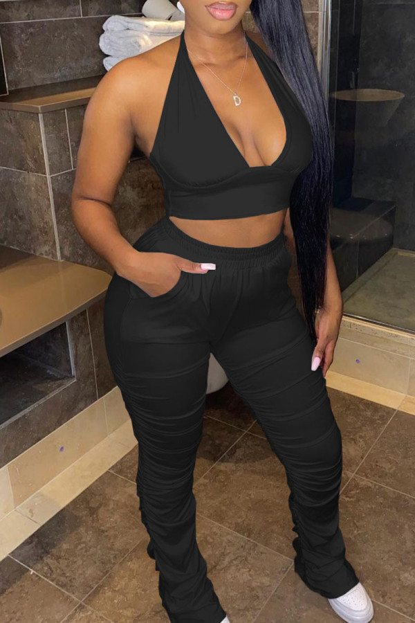 Black Sexy Solid Patchwork Fold Halter Sleeveless Two Pieces